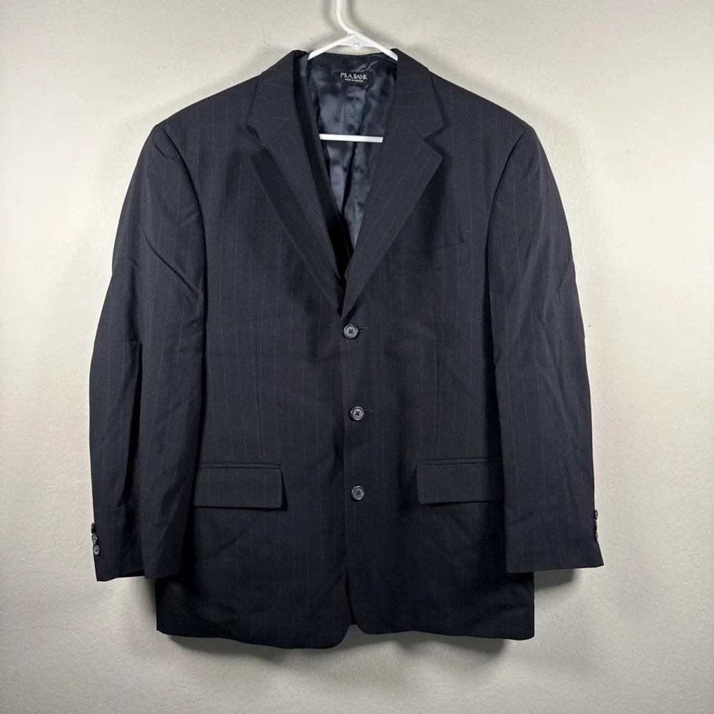 Jos A Bank Suit 40L Black Pinstriped Wool 33x28 Pleat‎ Pants 3 Button 3 Piece